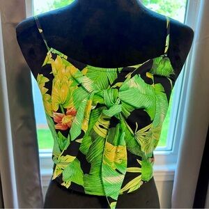 NWOT Nicole Miller Green/Yellow Linen Blend Tropical Botanical Tie Camisole